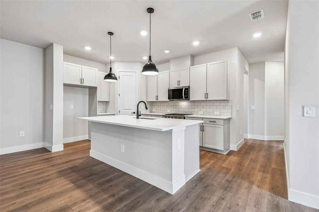 Interior, Kitchen, Pendant Lights, Recessed Lighting, Wood Texture Flooring
