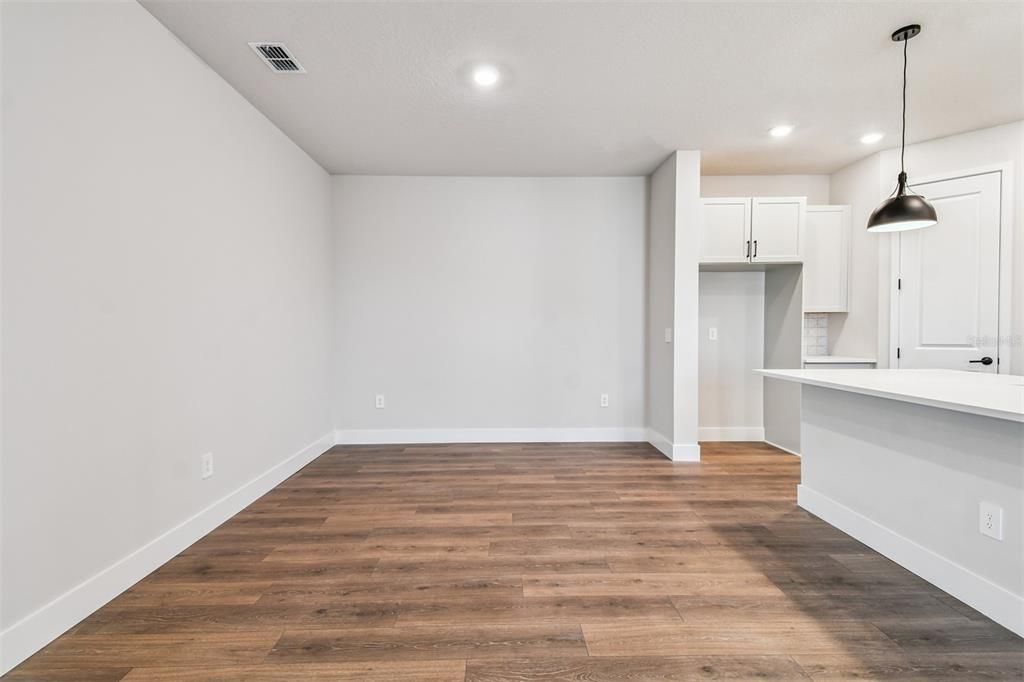 Empty room, Interior, Kitchen, Pendant Lights, Recessed Lighting, Wood Texture Flooring