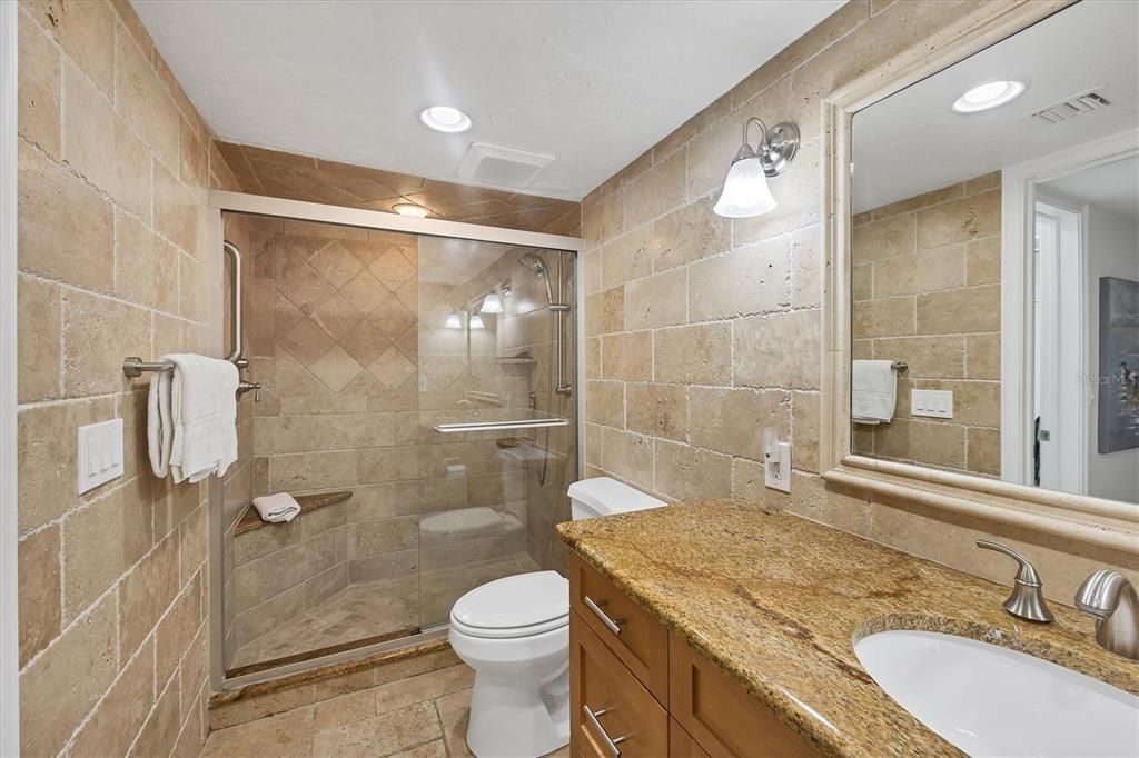 Bathroom, Glass Shower, Interior, Recessed Lighting, Stone Walls