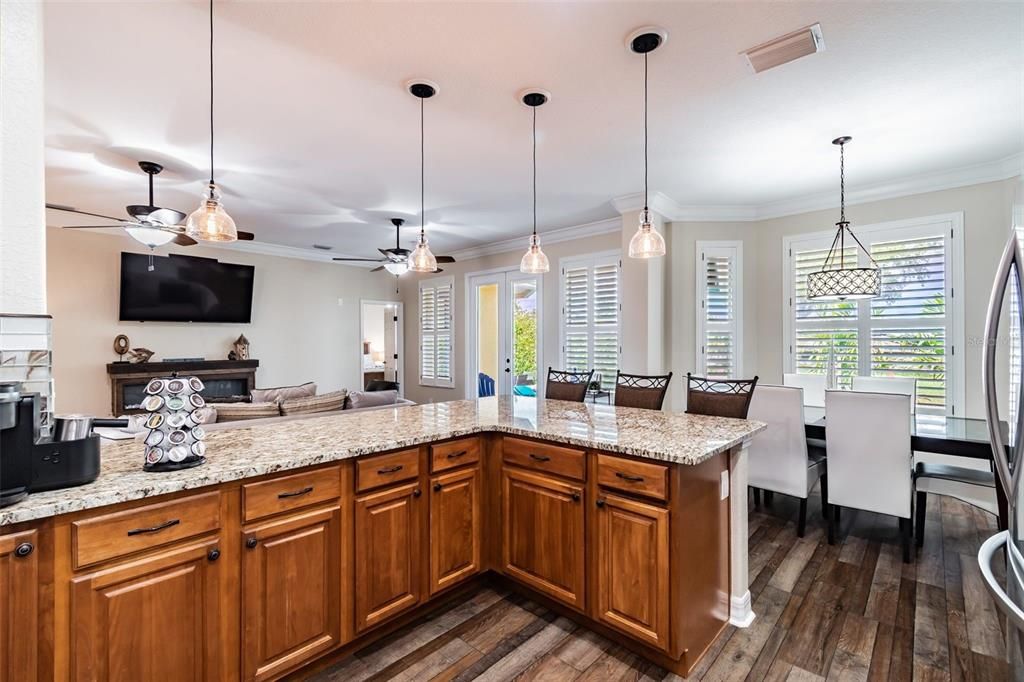 Dining room, Interior, Pendant Lights, Wood Texture Flooring