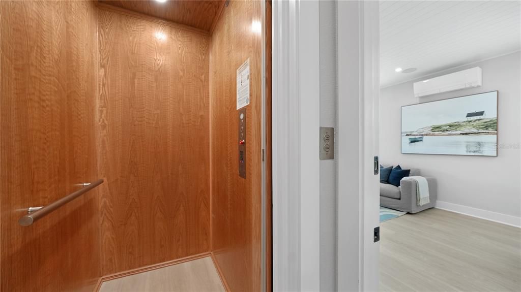 Elevator, Interior, Recessed Lighting, Wood Texture Flooring, Wooden Walls