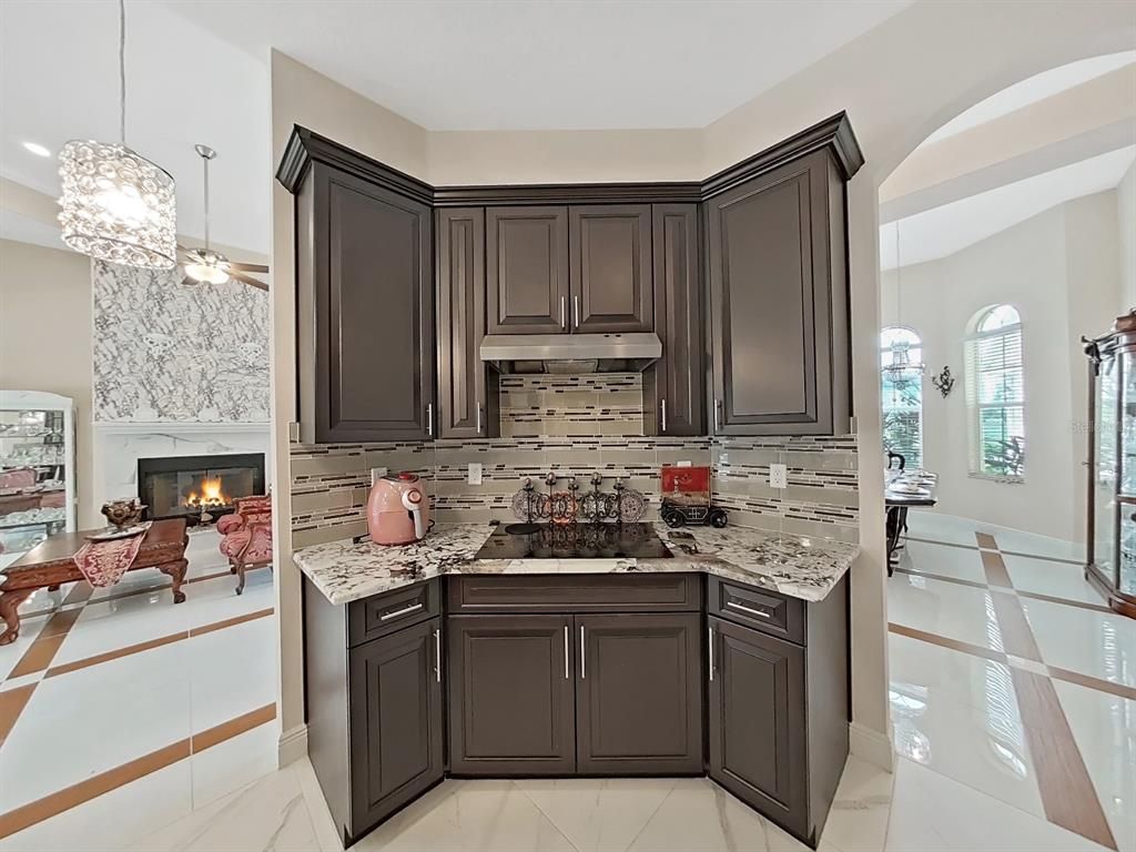 Fireplace, Interior, Kitchen, Marble, Pendant Lights
