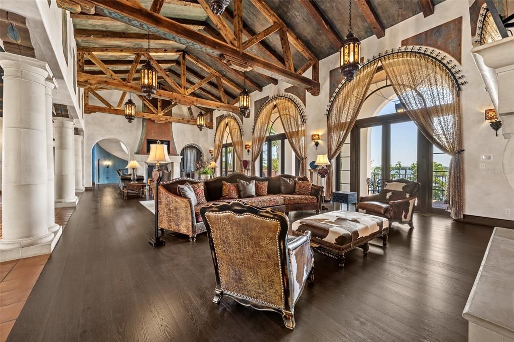 Interior, Living room, Pendant Lights, Wooden Beams, Wood Texture Flooring