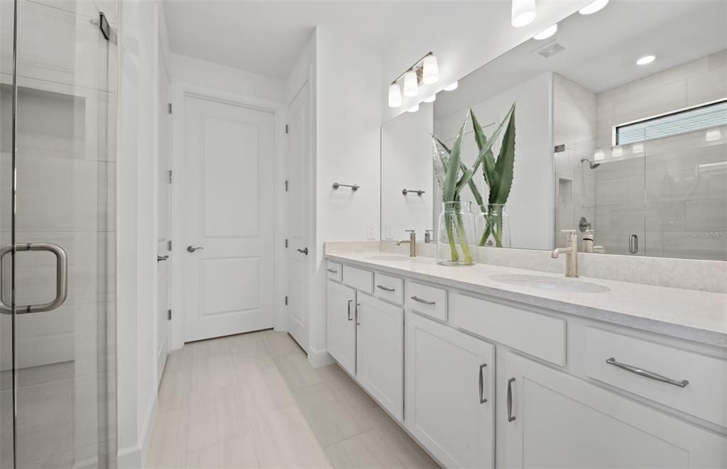 Bathroom, Dual Sink Vanities, Glass Shower, Interior, Recessed Lighting
