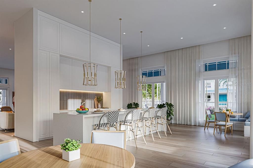 Dining room, Interior, Kitchen, Pendant Lights, Recessed Lighting, Wood Texture Flooring