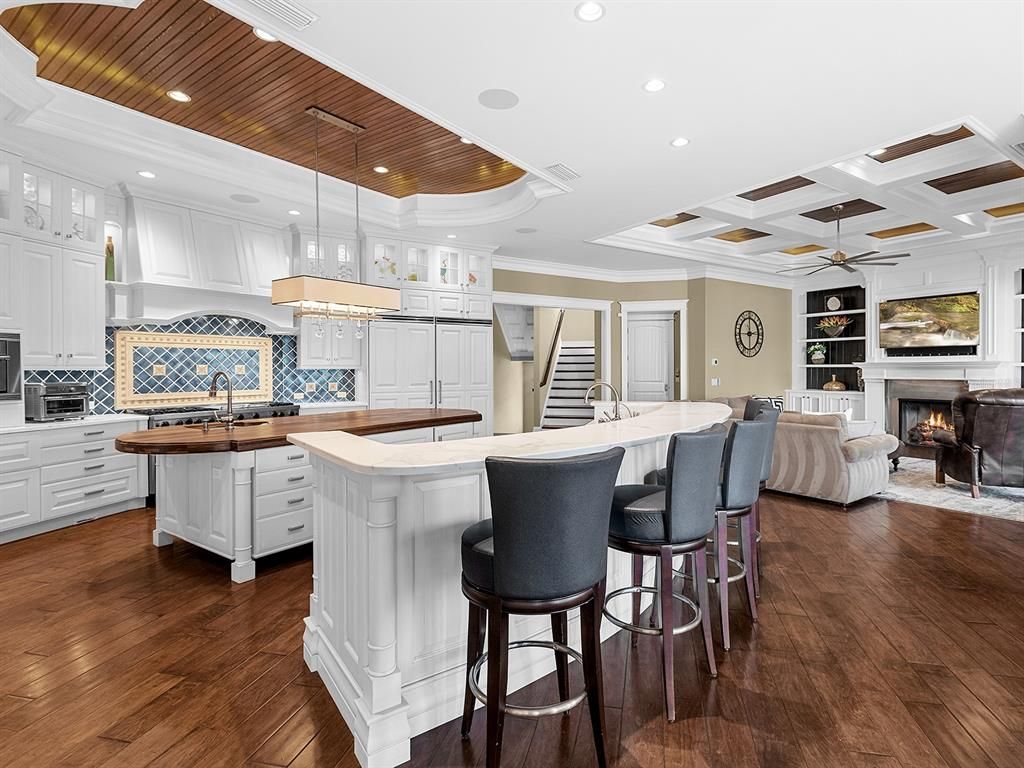 Fireplace, Interior, Kitchen, Living room, Pendant Lights, Recessed Lighting, Wooden Ceilings, Wood Texture Flooring