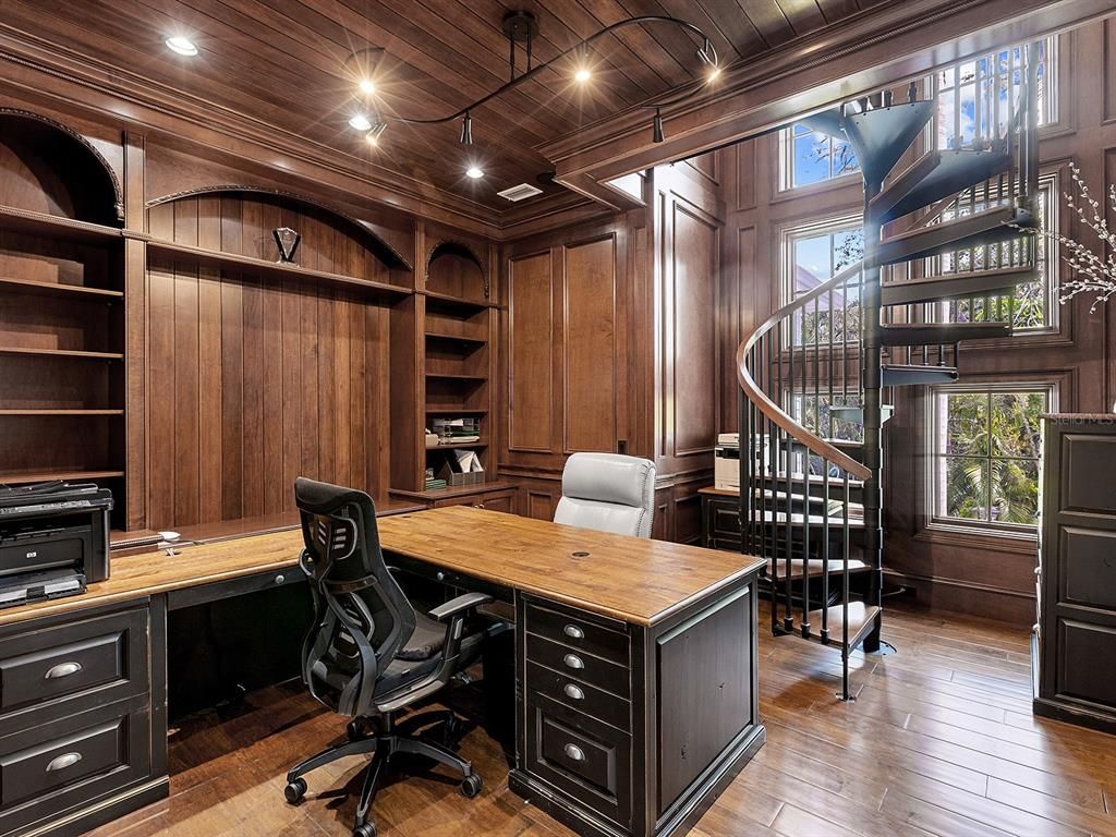 Home Office, Interior, Recessed Lighting, Wooden Beams, Wooden Ceilings, Wood Texture Flooring, Wooden Walls