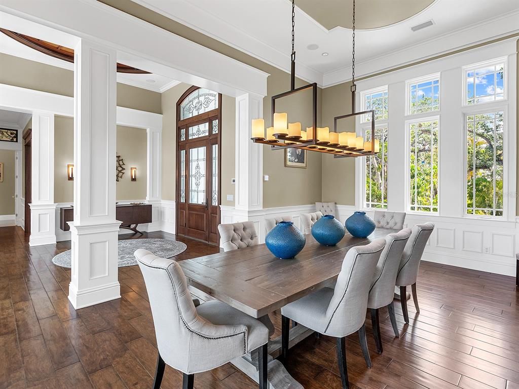 Chandelier, Dining room, Interior, Pendant Lights, Wood Texture Flooring