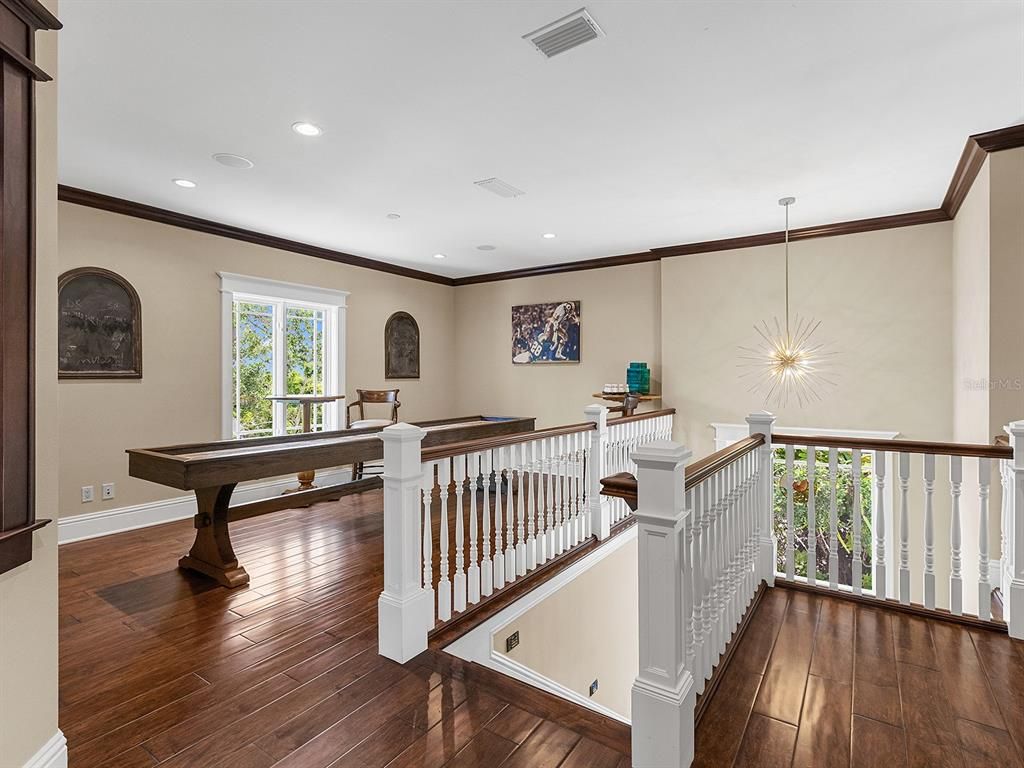 Billiard Table, Game Room, Interior, Pendant Lights, Recessed Lighting, Wood Texture Flooring