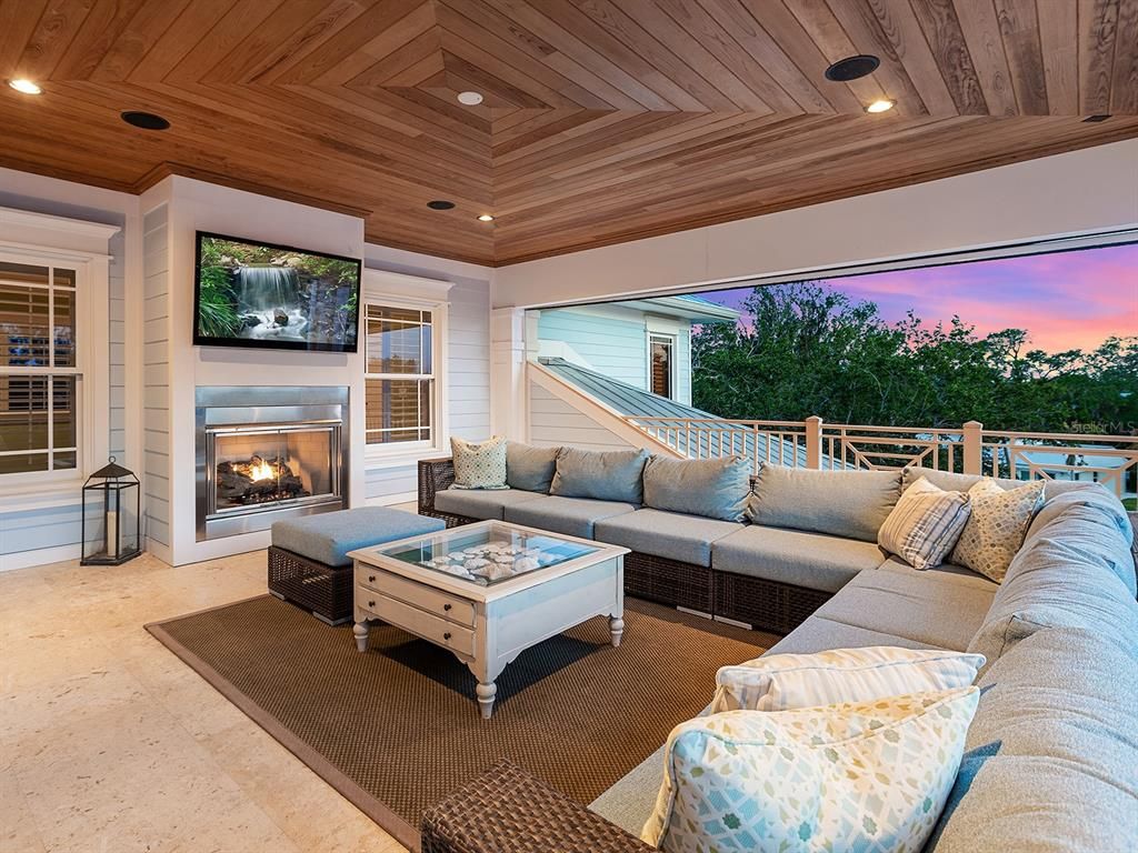 Exterior, Fireplace, Living room, Recessed Lighting, Wooden Ceilings