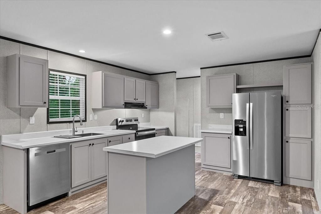 Interior, Kitchen, Recessed Lighting, Stainless Steel Appliances, Wood Texture Flooring