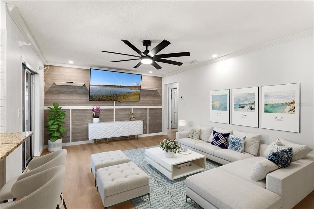 Interior, Living room, Recessed Lighting, Wood Texture Flooring