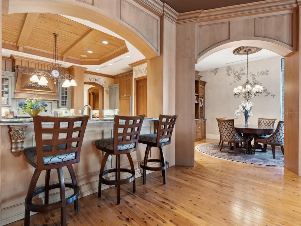 Chandelier, Dining room, Interior, Kitchen, Pendant Lights, Recessed Lighting, Wooden Beams, Wooden Ceilings, Wood Texture Flooring