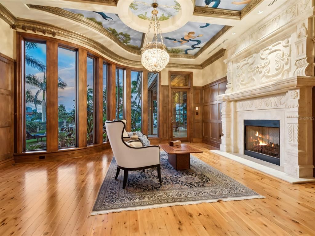 Fireplace, Home Office, Interior, Pendant Lights, Recessed Lighting, Wood Texture Flooring, Wooden Walls