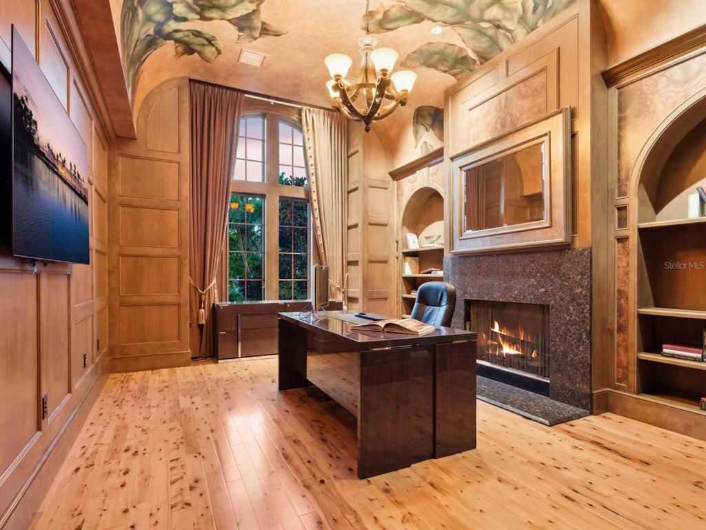 Chandelier, Fireplace, Home Office, Interior, Wood Texture Flooring