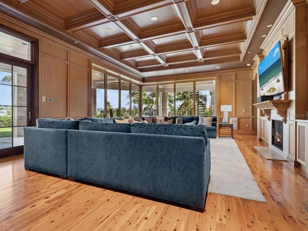 Fireplace, Interior, Living room, Recessed Lighting, Wooden Beams, Wooden Ceilings, Wood Texture Flooring, Wooden Walls