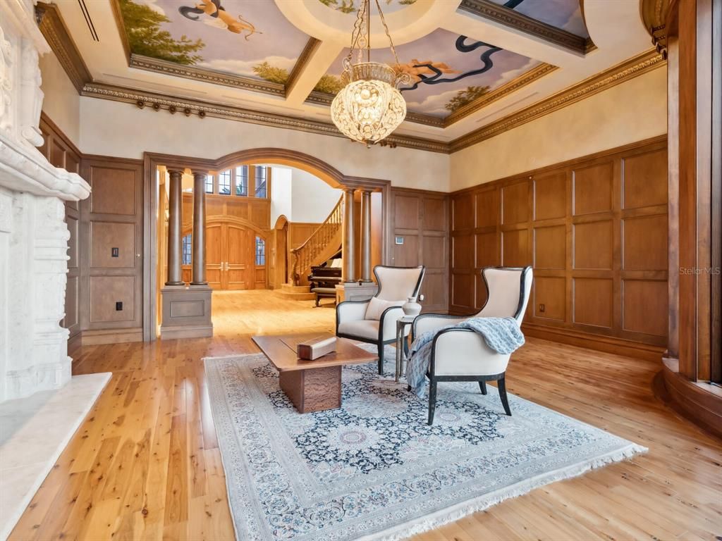Interior, Living room, Pendant Lights, Wood Texture Flooring, Wooden Walls