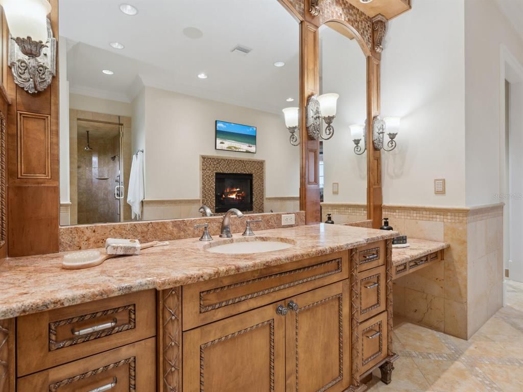 Bathroom, Dual Sink Vanities, Fireplace, Interior, Recessed Lighting