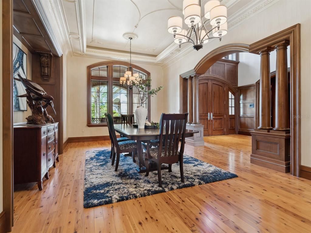 Chandelier, Dining room, Interior, Wood Texture Flooring