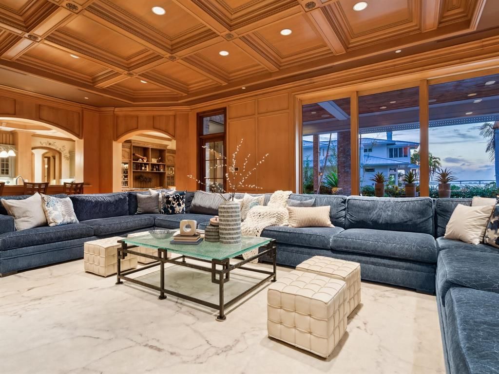 Interior, Living room, Marble, Recessed Lighting, Wooden Ceilings, Wooden Walls