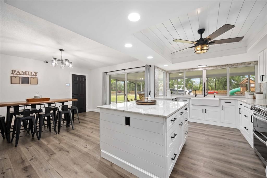 Interior, Kitchen, Pendant Lights, Recessed Lighting, Wood Texture Flooring