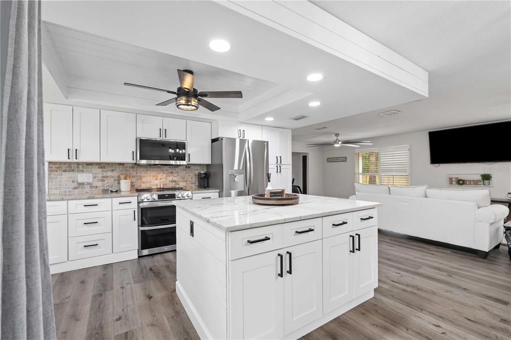 Interior, Kitchen, Living room, Recessed Lighting, Stainless Steel Appliances, Wood Texture Flooring