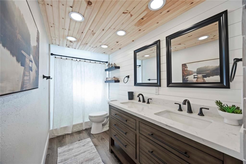 Bathroom, Dual Sink Vanities, Interior, Recessed Lighting, Wooden Ceilings, Wood Texture Flooring