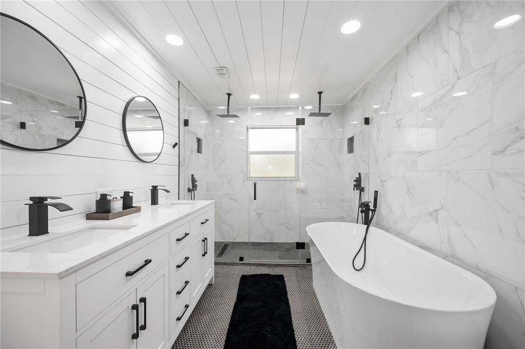 Bathroom, Dual Sink Vanities, Free Standing Baths, Interior, Marble Walls, Recessed Lighting