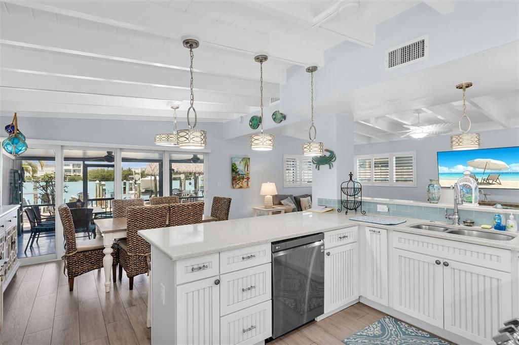 Dining room, Interior, Kitchen, Pendant Lights, Water, Wood Texture Flooring