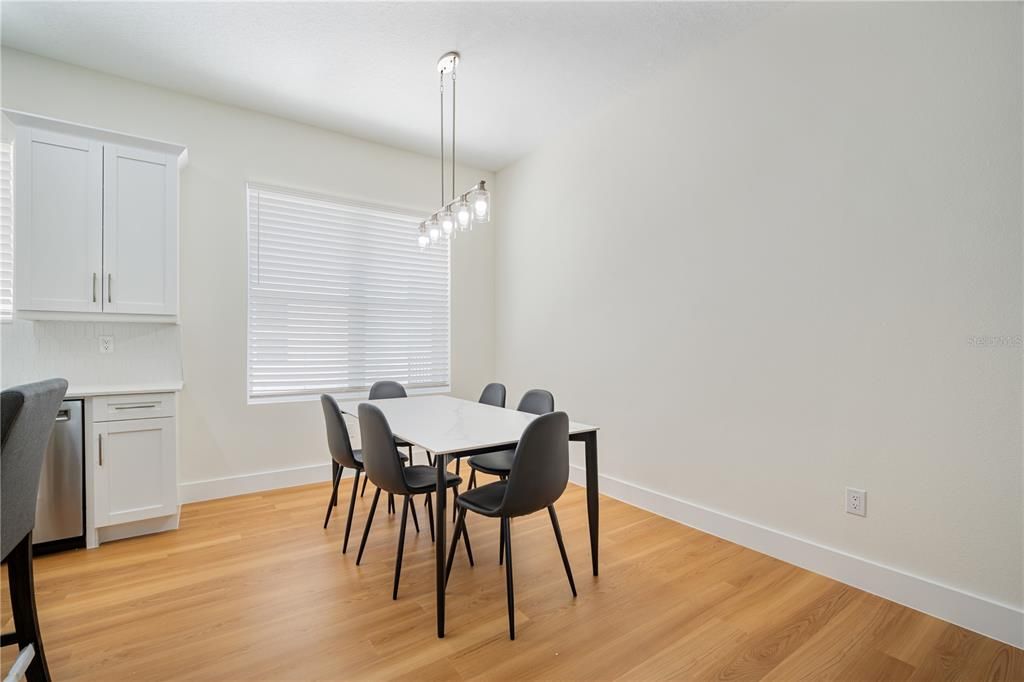 Dining room, Interior, Pendant Lights, Wood Texture Flooring