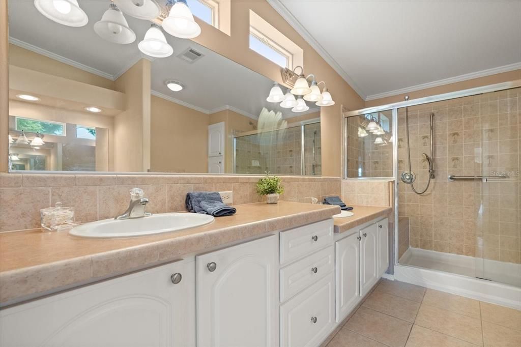 Bathroom, Dual Sink Vanities, Glass Shower, Interior, Recessed Lighting