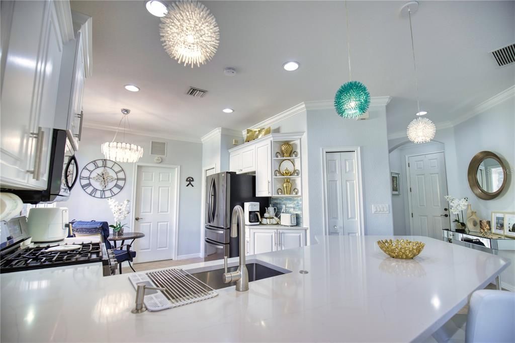 Chandelier, Interior, Kitchen, Pendant Lights, Recessed Lighting, Stainless Steel Appliances