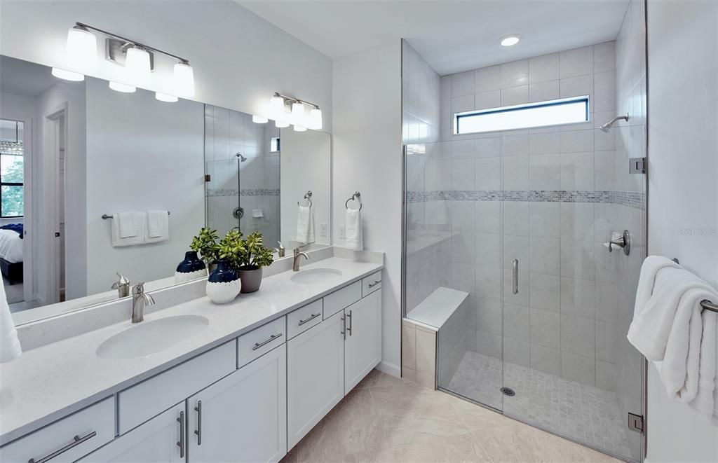 Bathroom, Dual Sink Vanities, Glass Shower, Interior, Recessed Lighting