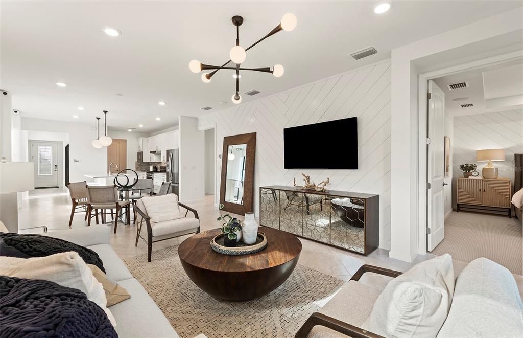 Dining room, Fireplace, Interior, Kitchen, Living room, Pendant Lights, Recessed Lighting, Stainless Steel Appliances