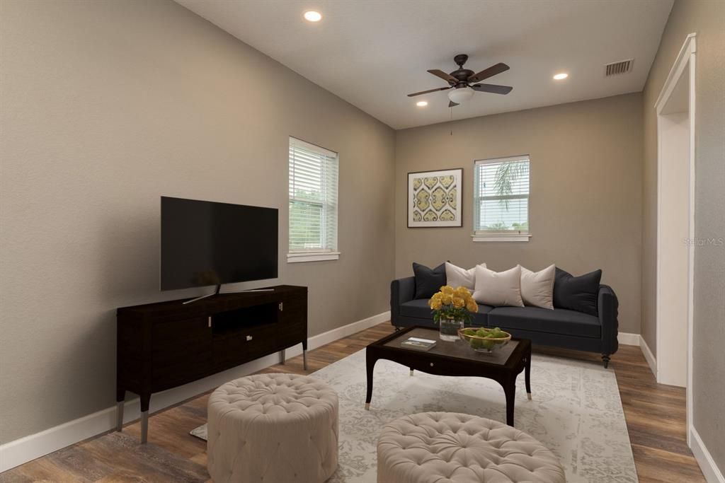 Interior, Living room, Recessed Lighting, Wood Texture Flooring