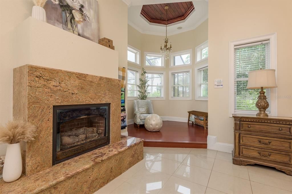 Chandelier, Fireplace, Interior