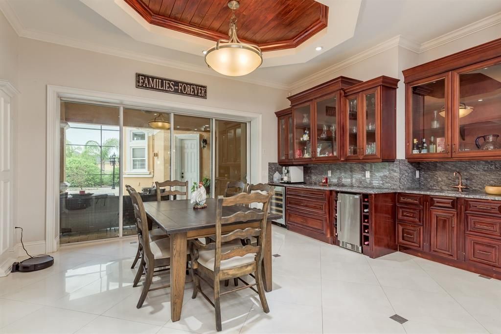 Dining room, Interior, Pendant Lights, Recessed Lighting, Wooden Ceilings