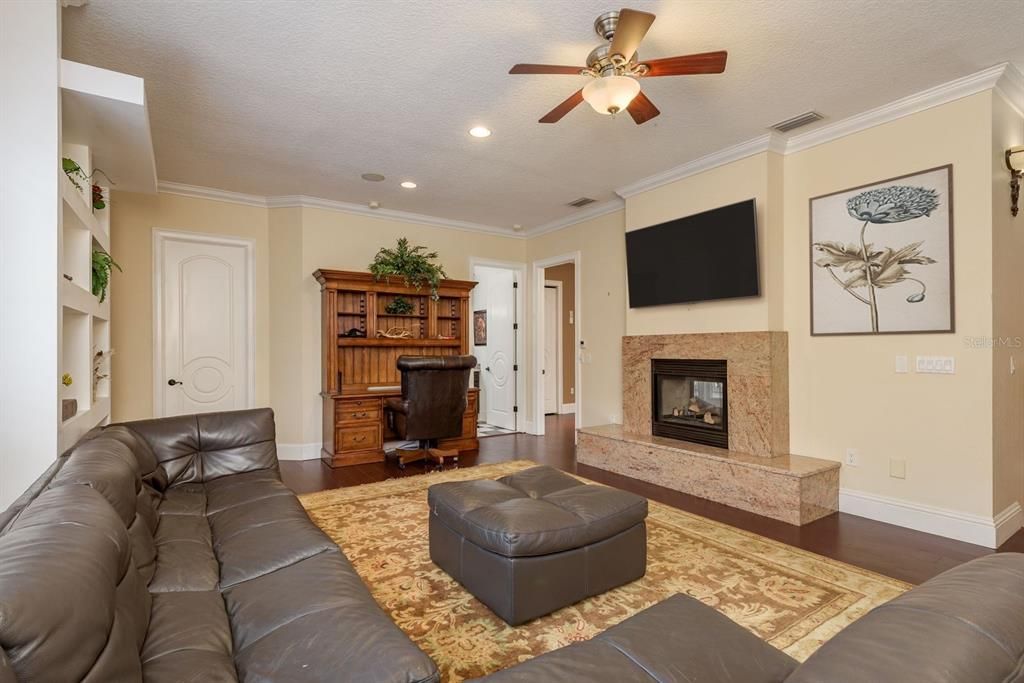 Fireplace, Home Office, Interior, Living room, Recessed Lighting, Wood Texture Flooring