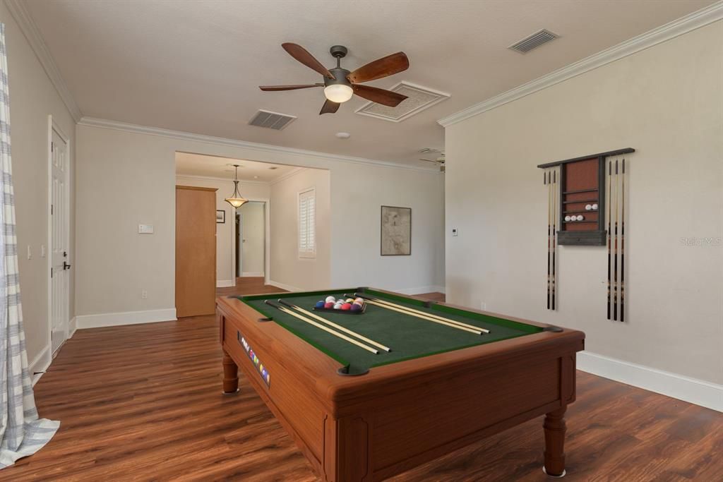 Billiard Table, Game Room, Interior, Pendant Lights, Wood Texture Flooring