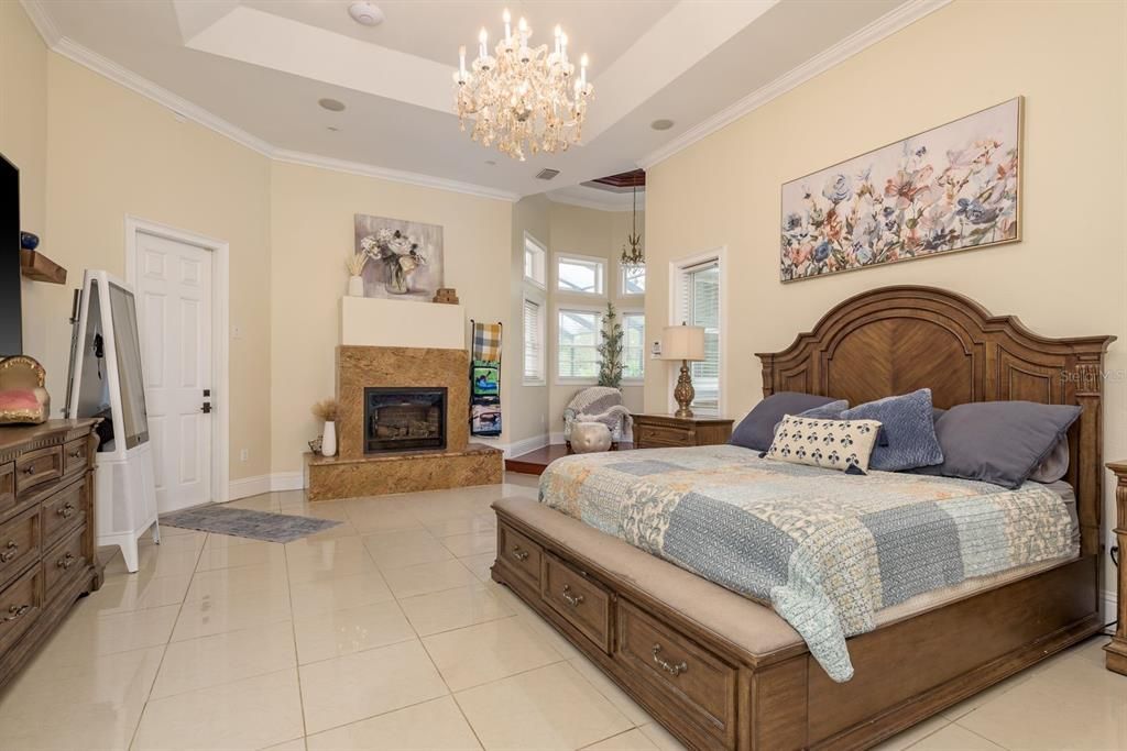Bedroom, Chandelier, Fireplace, Interior