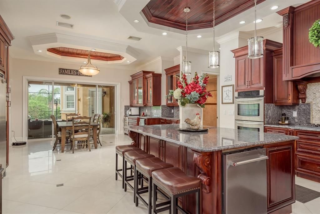 Dining room, Interior, Kitchen, Pendant Lights, Recessed Lighting, Stainless Steel Appliances, Wooden Ceilings