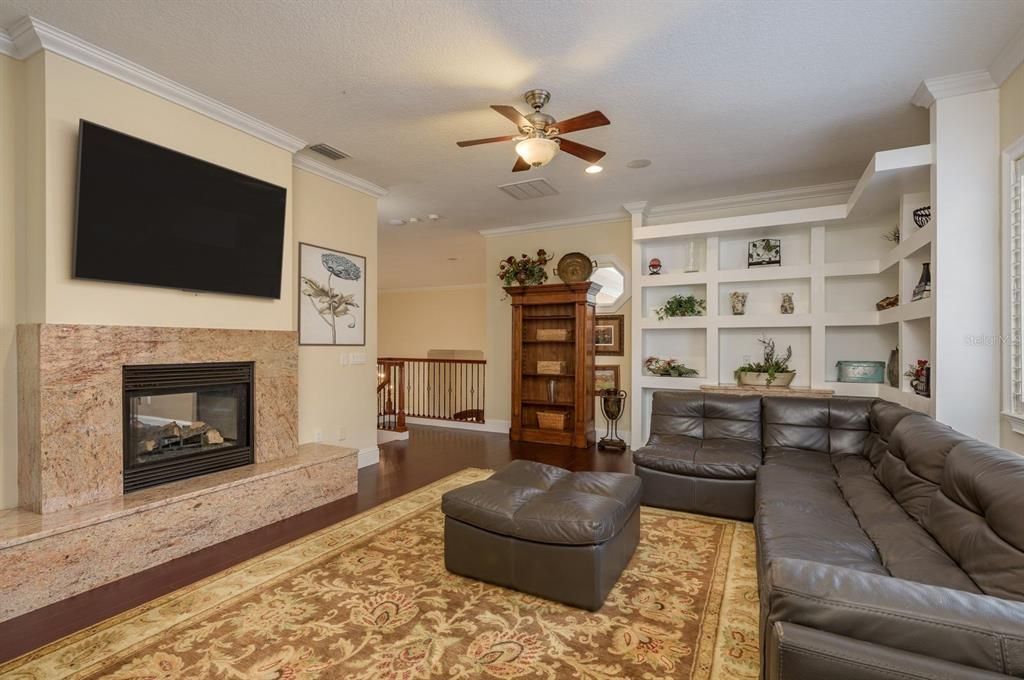 Fireplace, Interior, Living room, Recessed Lighting, Wood Texture Flooring