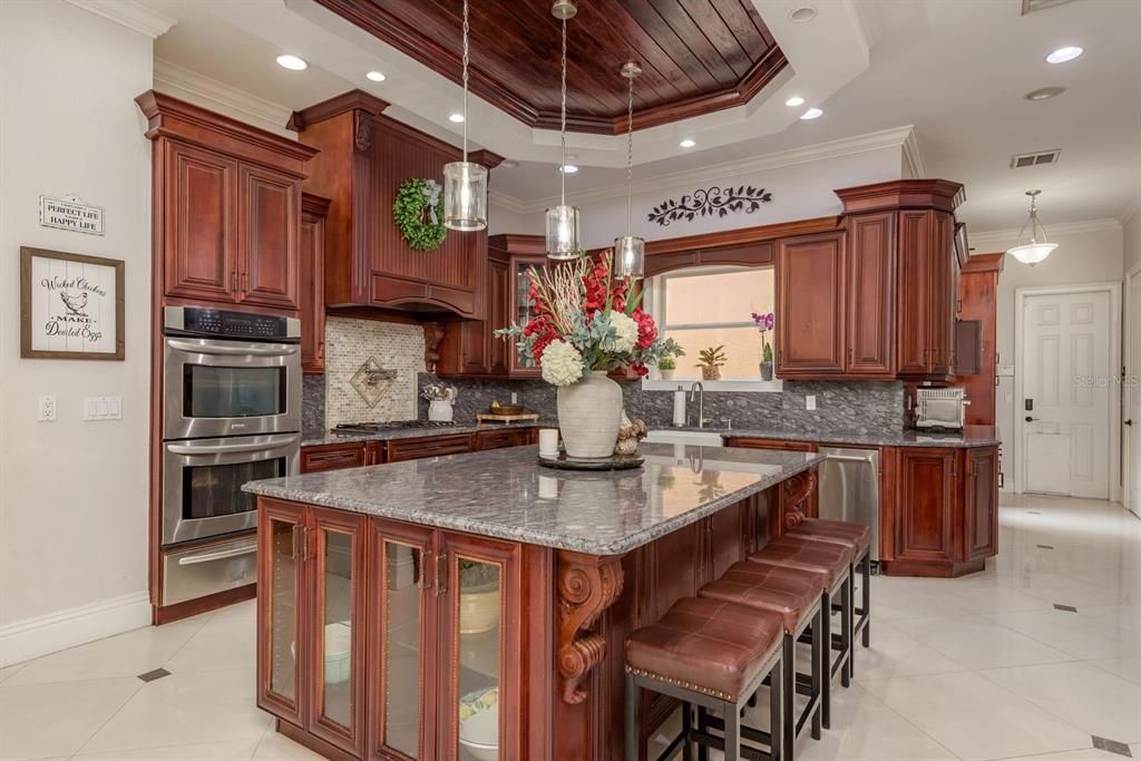 Interior, Kitchen, Pendant Lights, Recessed Lighting, Stainless Steel Appliances, Wooden Ceilings