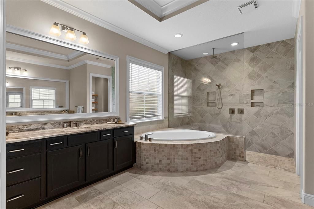 Bathroom, Dual Sink Vanities, Glass Shower, Interior, Recessed Lighting