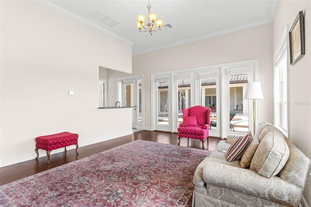 Bedroom, Chandelier, Interior, Wood Texture Flooring