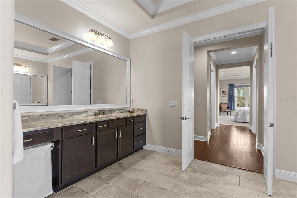 Bathroom, Dual Sink Vanities, Interior, Recessed Lighting, Wood Texture Flooring