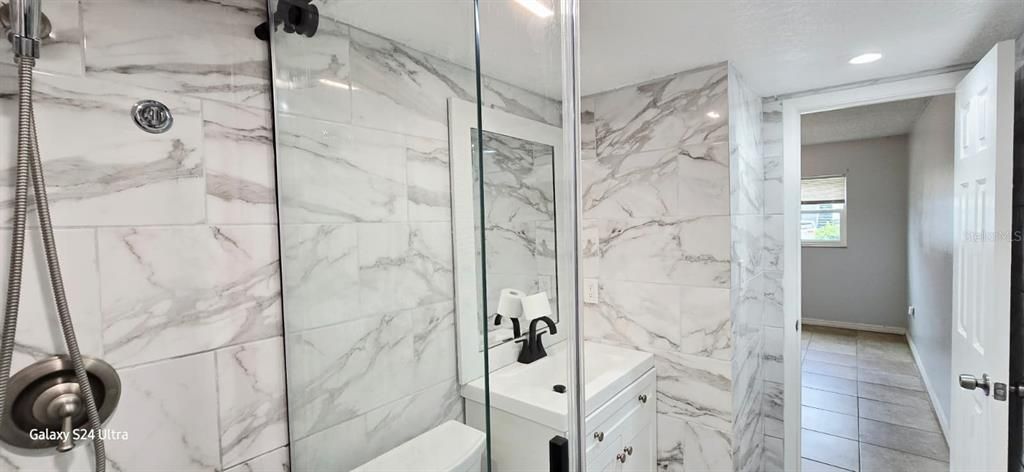 Bathroom, Glass Shower, Interior, Marble Walls, Recessed Lighting