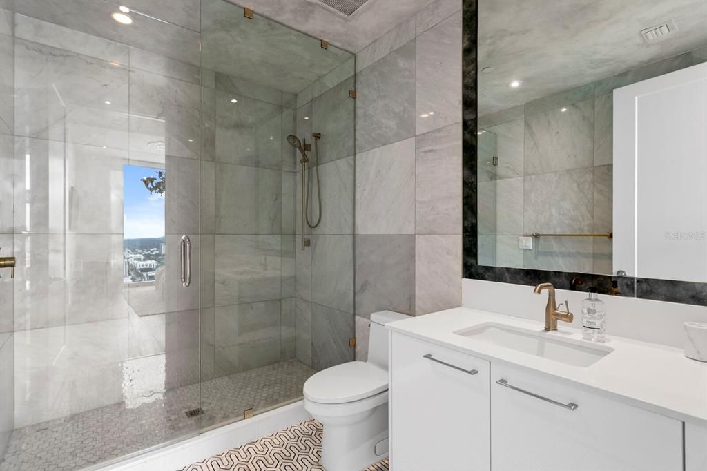 Bathroom, Glass Shower, Interior, Marble Walls, Recessed Lighting