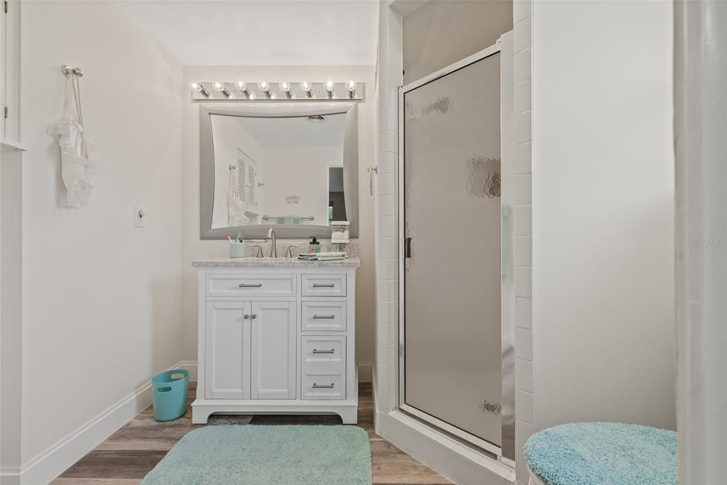 Bathroom, Glass Shower, Interior, Wood Texture Flooring