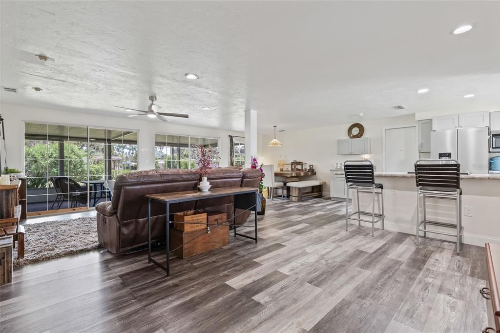 Interior, Kitchen, Living room, Pendant Lights, Recessed Lighting, Stainless Steel Appliances, Wood Texture Flooring